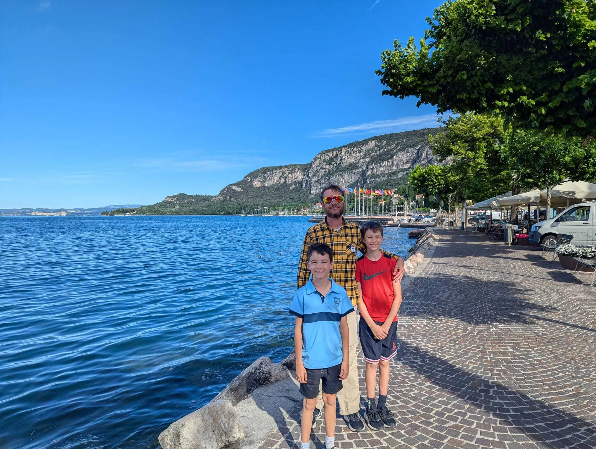 Miles, Stu and Jake on the shore of Lake Garda