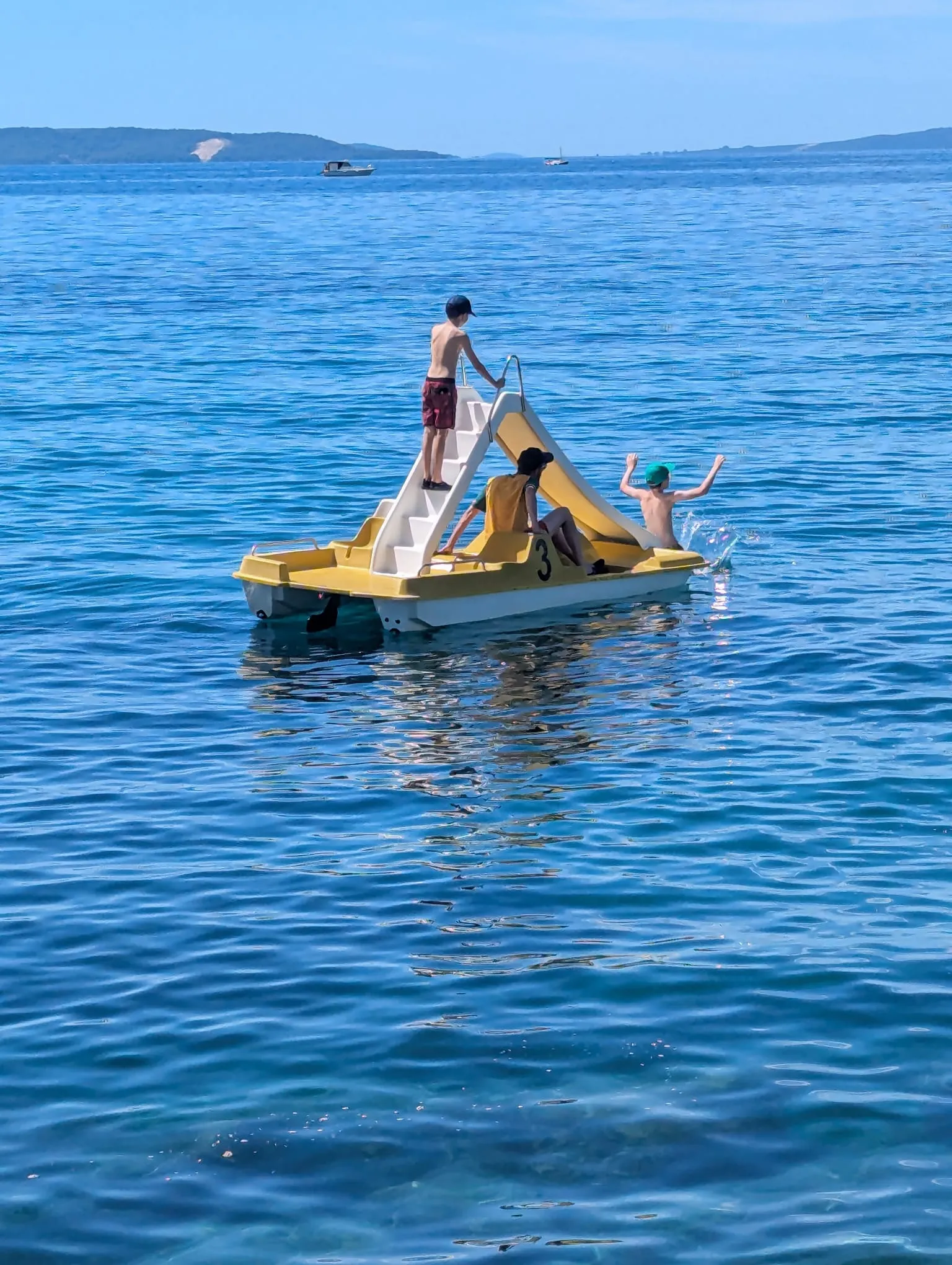 Stu, Jake and Miles on a pedalo
