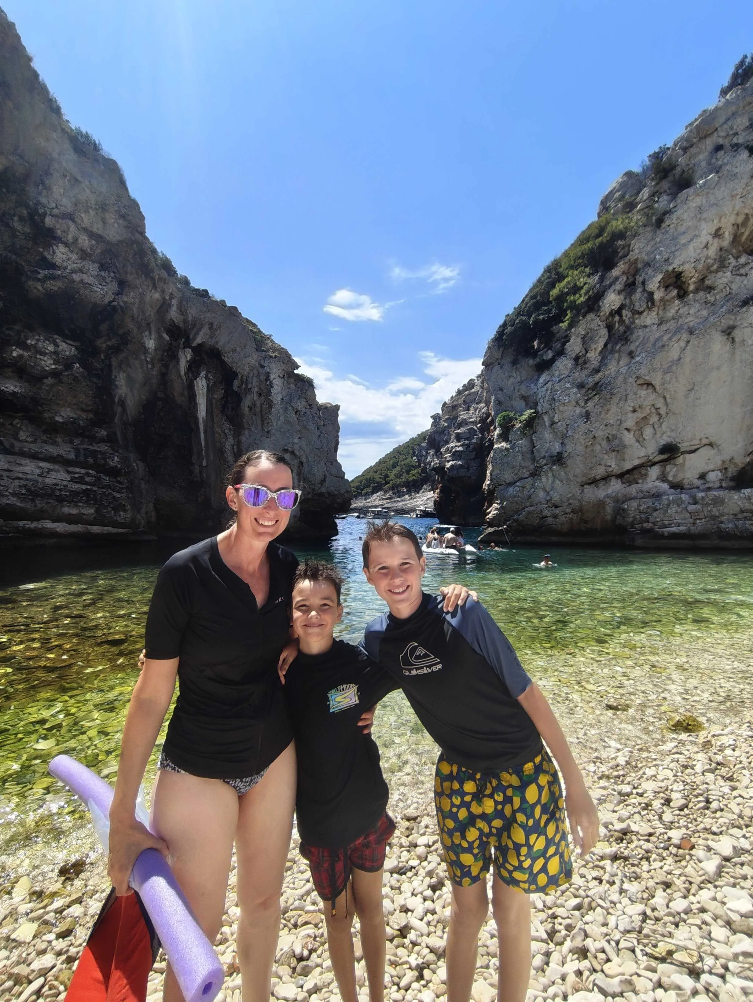 Sonia, Miles and Jake at the beach where they filmed Mamma Mia!